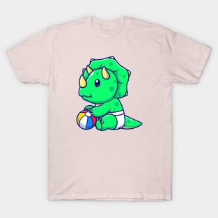 Cute Baby Triceratops Playing Ball Cartoon T-Shirt